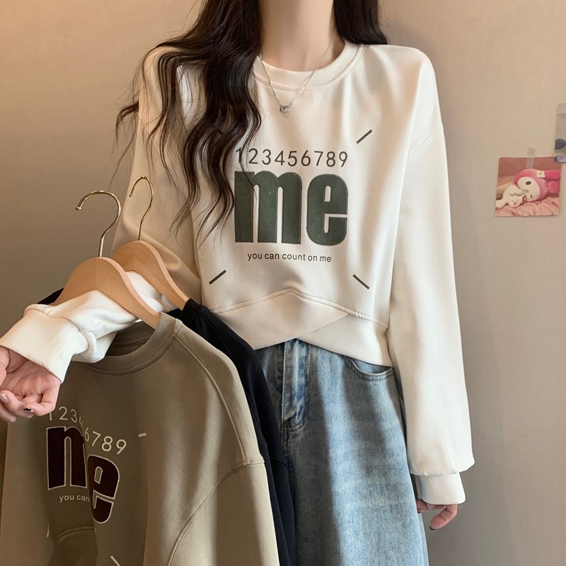 Spot real shot autumn large size American printed round neck pullover sweatshirt for women cross long-sleeved tops for women 1605