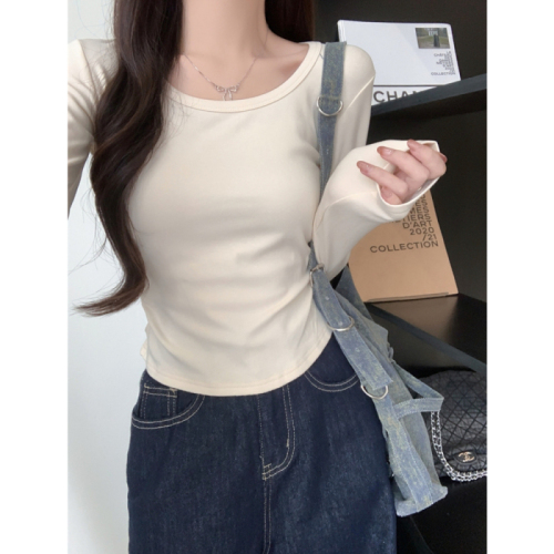 Real shot 1*1 threaded German velvet chic U-neck side pleated brushed long-sleeved T-shirt women's bottoming shirt