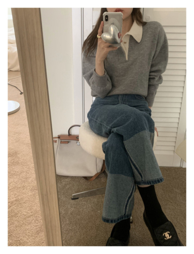 Internet celebrity retro lapel sweater for women spring new loose lazy long-sleeved top short style outer sweater