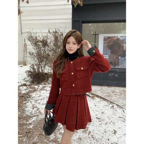 Red small fragrant skirt suit two-piece set autumn and winter new fashionable lady jacket + pleated skirt two-piece set