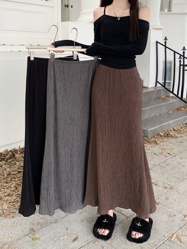 Autumn lazy style new pleated A-line fishtail skirt high-waisted slimming cover-up long skirt