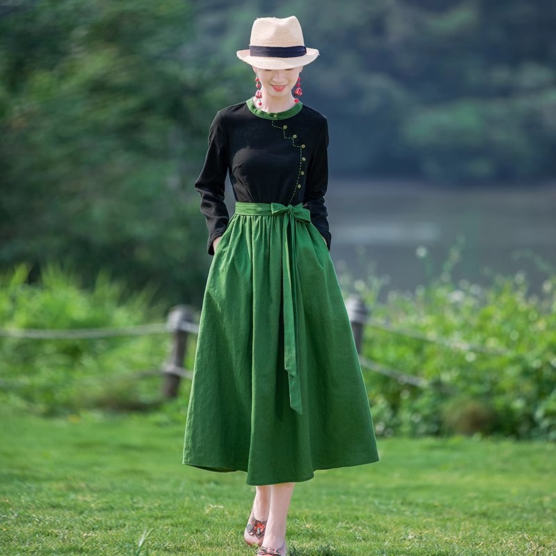 Ethnic style cotton and linen dress 2024 autumn women's literary two-color stitching retro long skirt