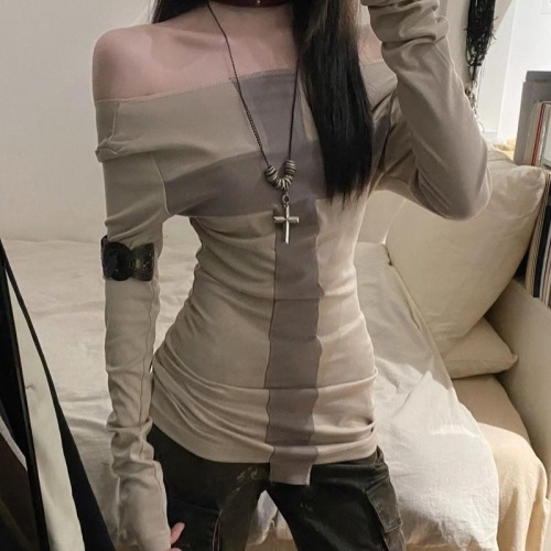 260g rayon modal/cross contrast stitching long-sleeved T-shirt for hot girls slim fit top