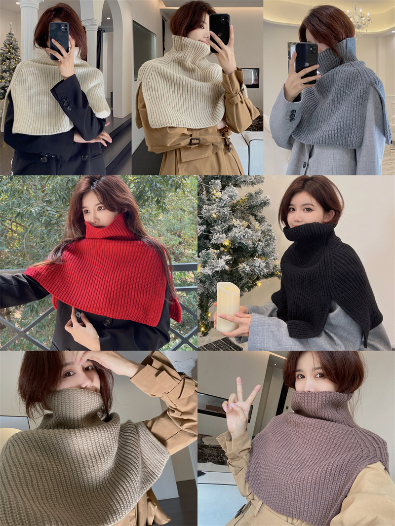 Real shot of autumn and winter warm pullover neck scarf, high collar slit scarf, knitted outer woolen shawl