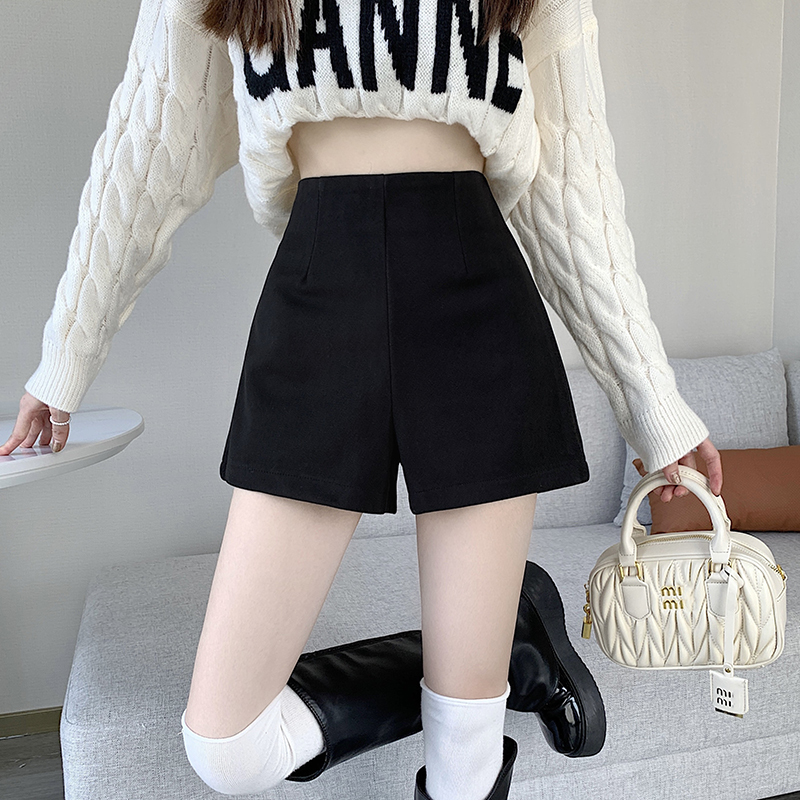 Women's woolen shorts thickened winter new high-waist slim outer wear A-line wide-leg black versatile boot pants