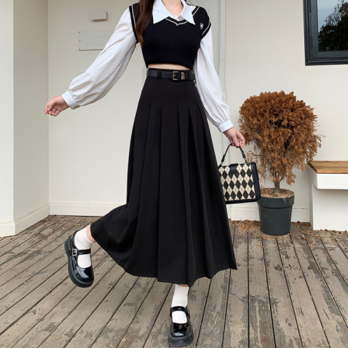 Autumn and winter plus size women's new fat sister pleated skirt long skirt A-line skirt