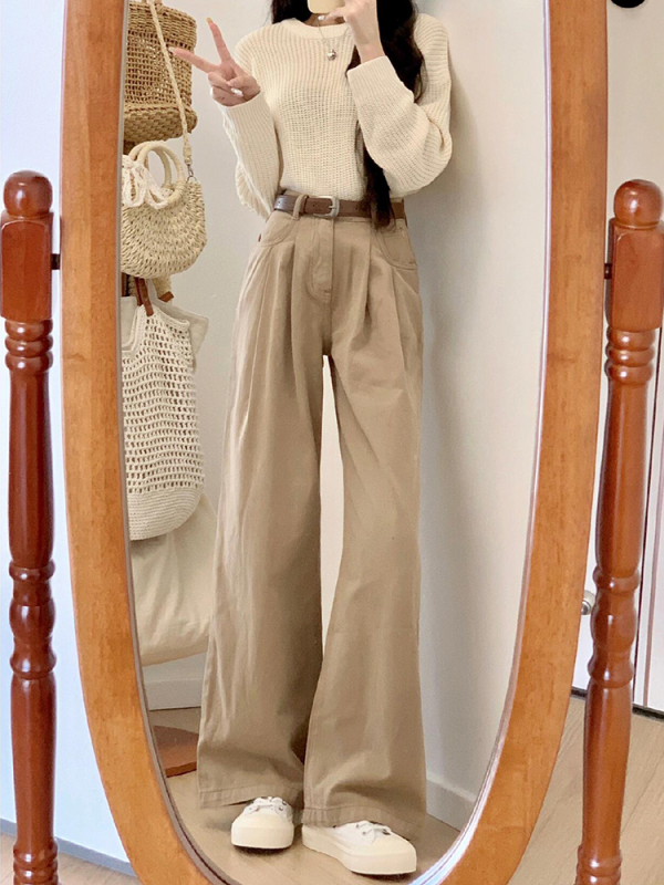 Hong Kong style retro khaki jeans for women in autumn, small, high-waisted, brown narrow straight-leg wide-leg pants for spring and autumn