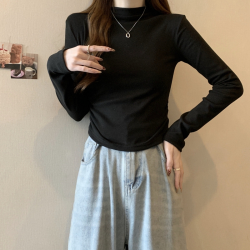 Real shot of elastic brushed half-turtle collar bottoming shirt for women in winter, slim-fit pleated hottie long-sleeved T-shirt