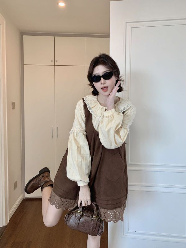French princess lace-up shirt with vintage feel, loose and lazy vest dress suit