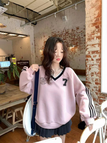 Imitation Chinese cotton composite Tmall Douyin quality printed V-neck long-sleeved sweatshirt for women autumn lace splicing loose top