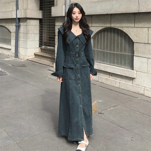 Plus size fat M retro thick trench coat style dress large lapel single breasted denim long skirt