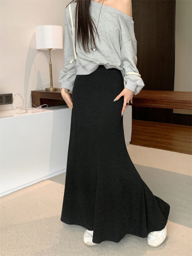 Large size real shot gray drape skirt for women in autumn high waist slimming fishtail A-line hip-hugging long skirt