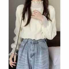 Autumn and winter Korean style half turtleneck plus velvet thickening slimming slim bottoming style long-sleeved lace shirt for women