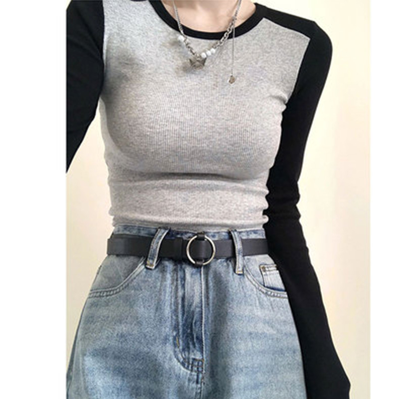 American retro right shoulder t-shirt women's spring bottoming shirt hot girl slim short top design