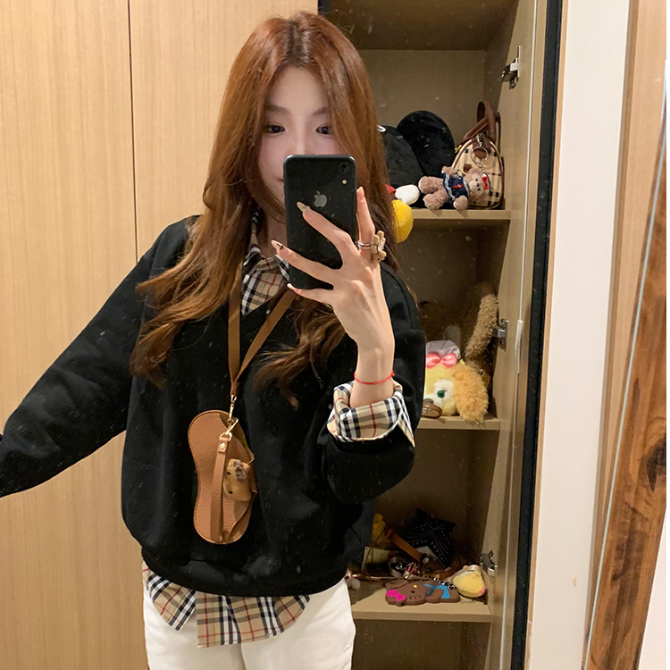 Original Version Huacun Korean Version Ins Sweet Retro Elegant Black Splicing Pseudo Two-Piece Checkered Sweatshirt Women Autumn Winter