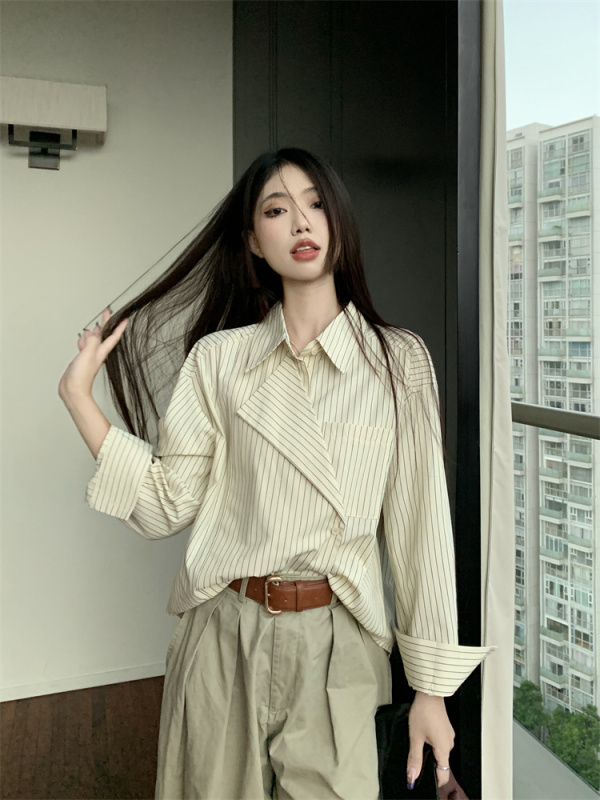 Early autumn chic suit collar Korean style striped loose long-sleeved shirt