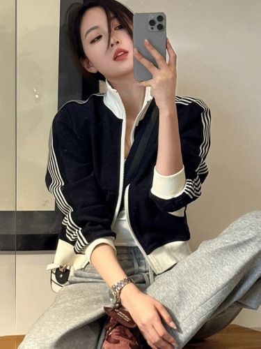 American short sweatshirt jacket for women spring and autumn 2024 new style fashionable zipper cardigan long-sleeved top