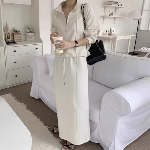 Korean chic autumn retro simple half-zip drawstring long-sleeved sweatshirt + back slit straight skirt suit