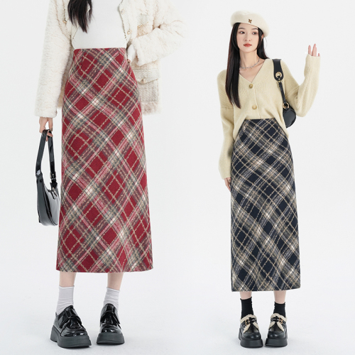 Plaid woolen skirt women's autumn and winter new high-waist slim A-line skirt straight slit mid-length skirt