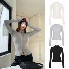 Ready stock ~ Double zipper stand collar knitted cardigan for women autumn gray slim fit top
