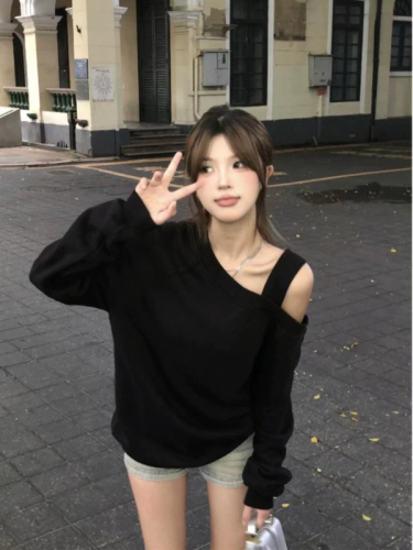 Imitation Chinese cotton composite loose slanted shoulder top for women spring and autumn new design niche oversize off-shoulder sweatshirt