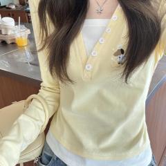 Pure cotton Korean V-neck fake two-piece long-sleeved T-shirt for women in early autumn slim-fitting pure cotton inner layering shirt