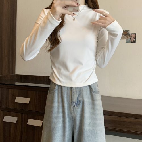 Real shot of elastic brushed half-turtle collar bottoming shirt for women in winter, slim-fit pleated hottie long-sleeved T-shirt