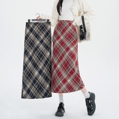 Plaid woolen skirt women's autumn and winter new high-waist slim A-line skirt straight slit mid-length skirt