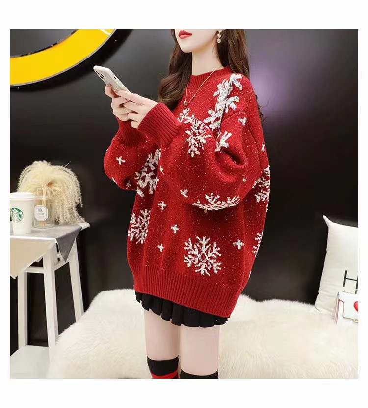 Red loose Christmas women's autumn and winter large size sweater new style lazy style versatile fat mm top sweater