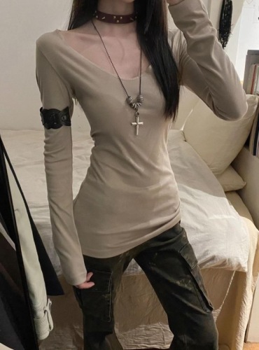 260g rayon modal/cross contrast stitching long-sleeved T-shirt for hot girls slim fit top