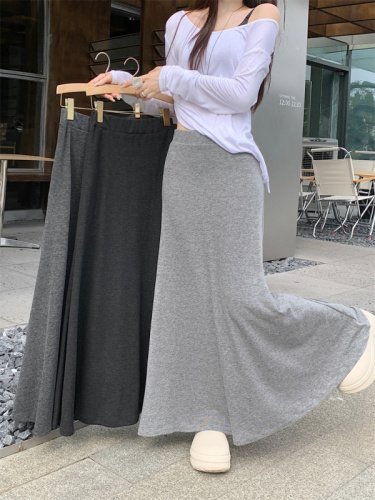 Large size real shot gray drape skirt for women in autumn high waist slimming fishtail A-line hip-hugging long skirt