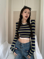 Contrast color striped spring new slim fit short long-sleeved T-shirt tops for women
