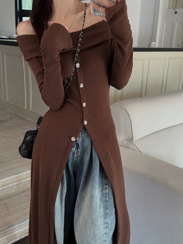 Women's niche one-shoulder mid-length long-sleeved knitted dress