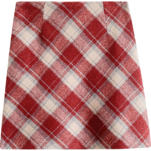 Retro red plaid skirt woolen skirt for women  autumn and winter high-waisted slimming A-line skirt hip-covering skirt