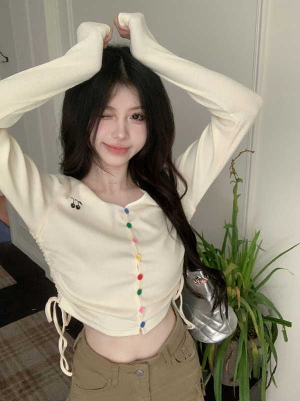 Rainbow button lace-up T-shirt for women in early autumn new arrival sweet and spicy tall girl solid color lace-up pleated long-sleeved top