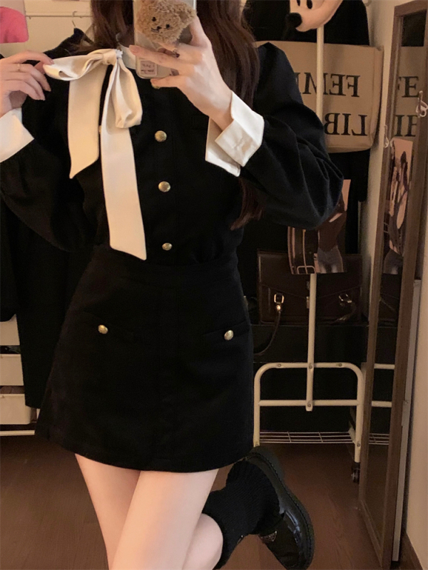 New autumn and winter black small fragrance French bow velvet top and skirt two-piece set