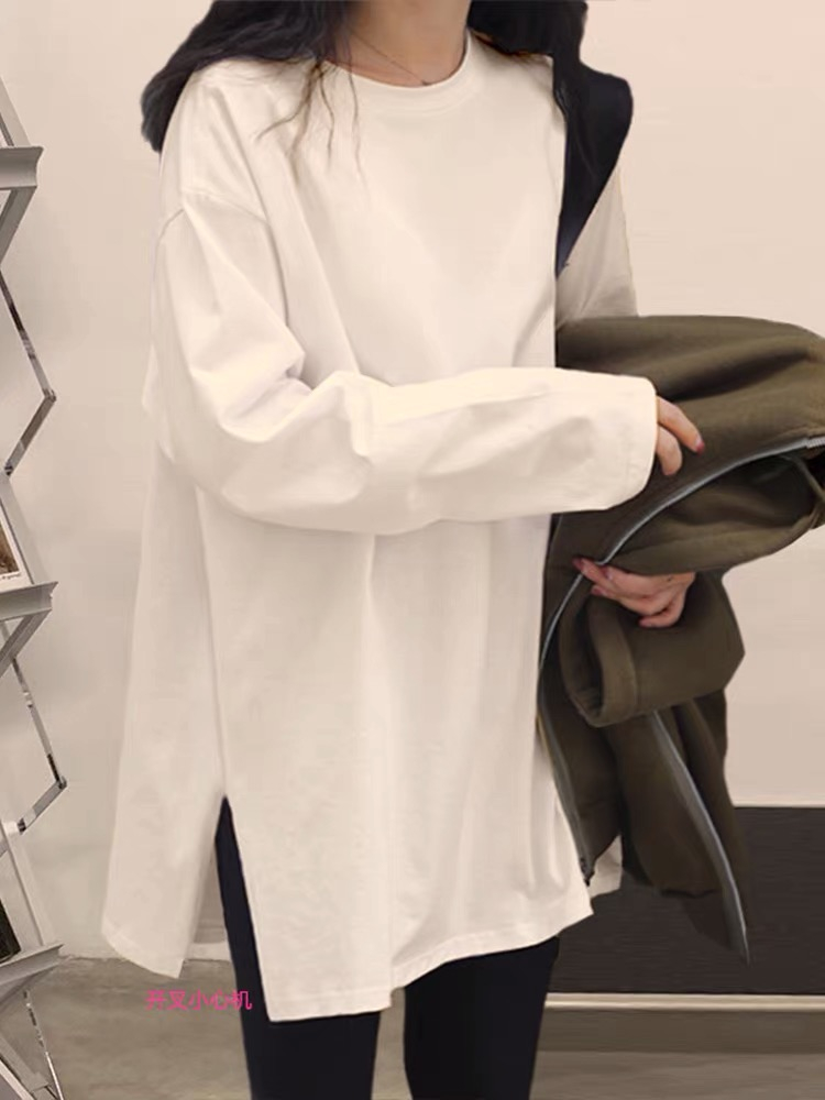 White bottoming shirt for women with pure cotton thickened spring, autumn and winter 2024 mid-length long-sleeved T-shirt loose top
