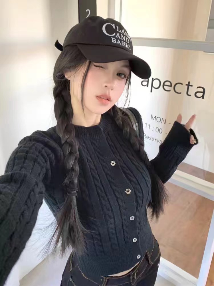 黑色短款麻花針織衫女秋季韓版2024新款修身顯瘦辣妹內搭長袖開衫