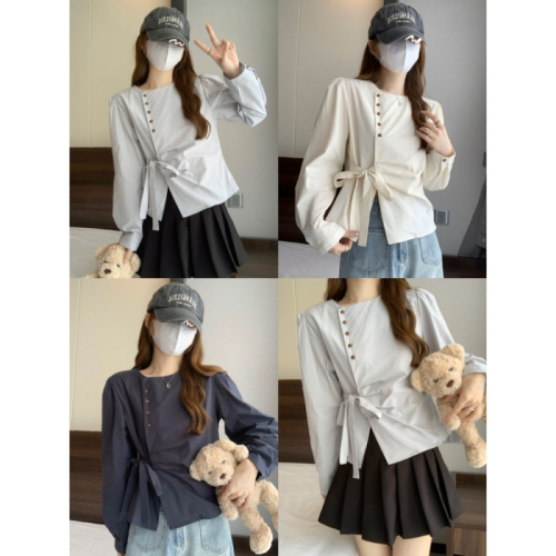 Designed strappy waist pleated long-sleeved shirt for women autumn 2024 new irregular single-breasted round neck top