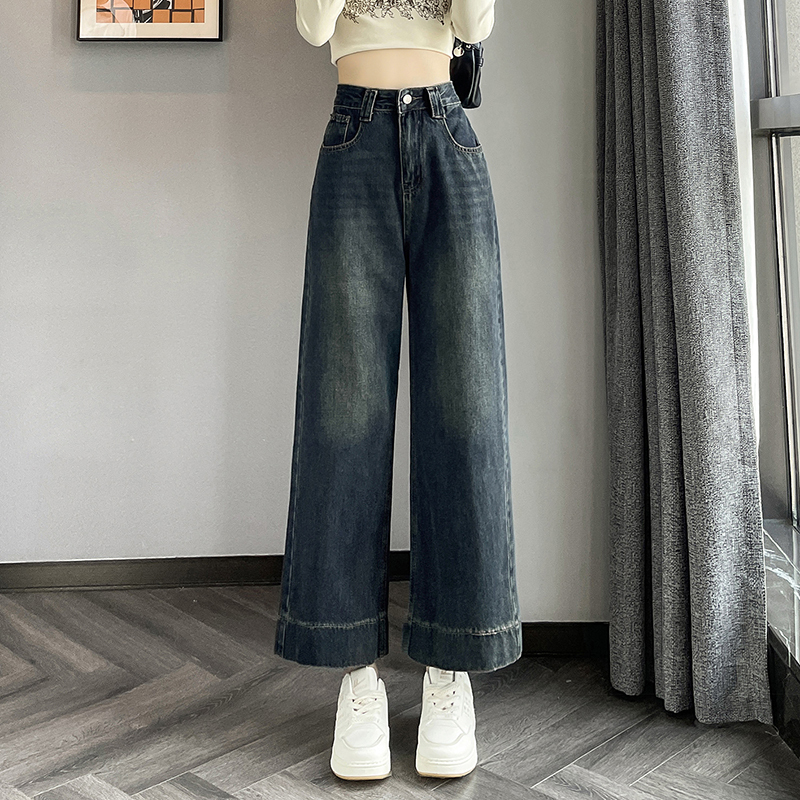 Dark blue retro jeans for women, autumn new small pants, loose slimming straight pants