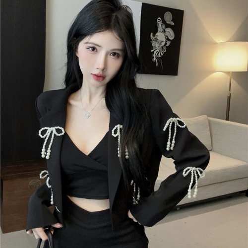 Real shot ~ 2024 new autumn style fashionable pearl bow design short suit jacket for small people