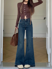 實拍#新款直筒寬鬆牛仔長褲女微喇叭設計感闊腳馬蹄拖地褲子