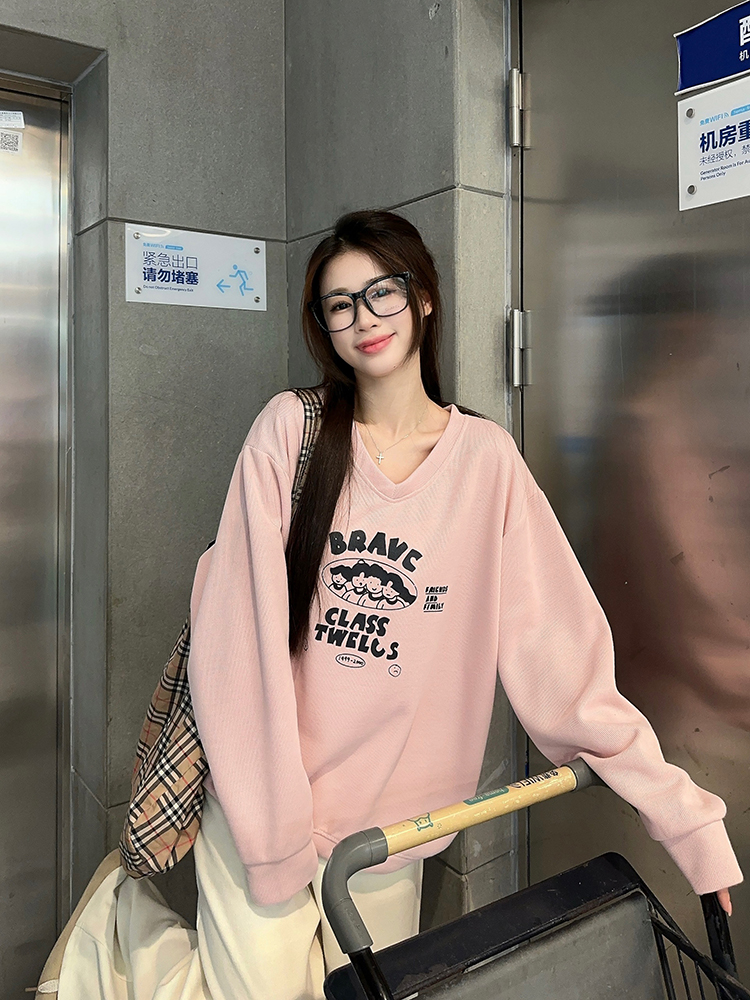 Original ~ real shot ~ rice wool sweatshirt Korean version v-neck printed long-sleeved sweatshirt autumn