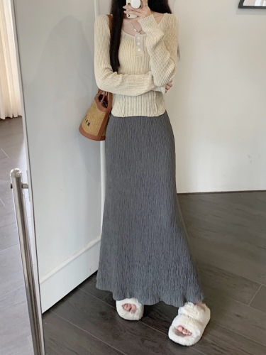 Autumn lazy style new pleated A-line fishtail skirt high-waisted slimming cover-up long skirt