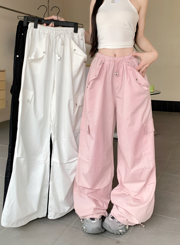 American design white overalls for women summer high waist design loose wide leg pants drawstring floor mopping pants