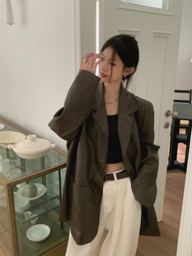 Autumn new ins high-end versatile solid color leather jacket and leather suit