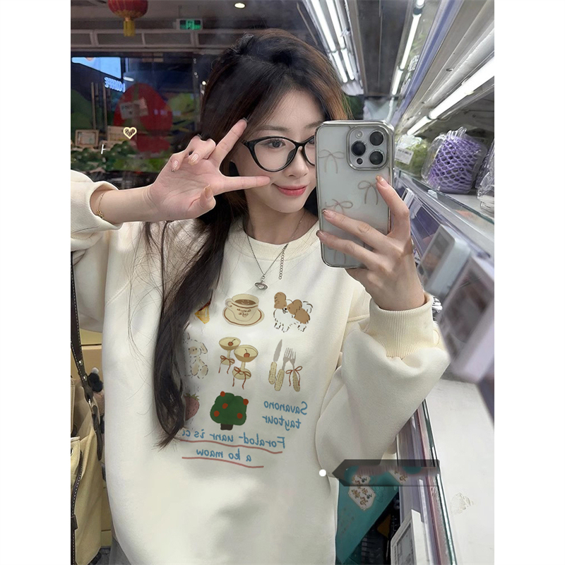 English has been changed丨350g imitation cotton Chinese cotton/450g imitation cotton silver fox velvet丨Autumn and winter printed round neck sweatshirt for women