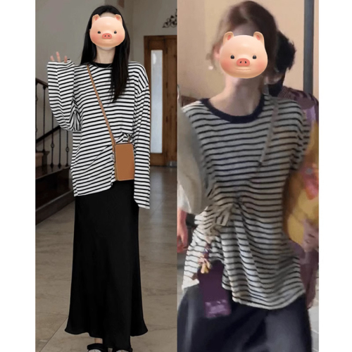 Original colored fabric strip design niche black and white striped long-sleeved T-shirt women's spring and autumn round neck top