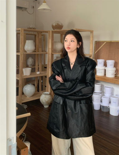 Autumn new ins high-end versatile solid color leather jacket and leather suit