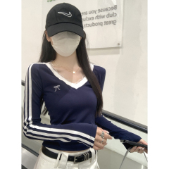 Real shot of autumn and winter Korean style lace splicing v-neck contrasting stripe design slimming long-sleeved inner T-shirt top